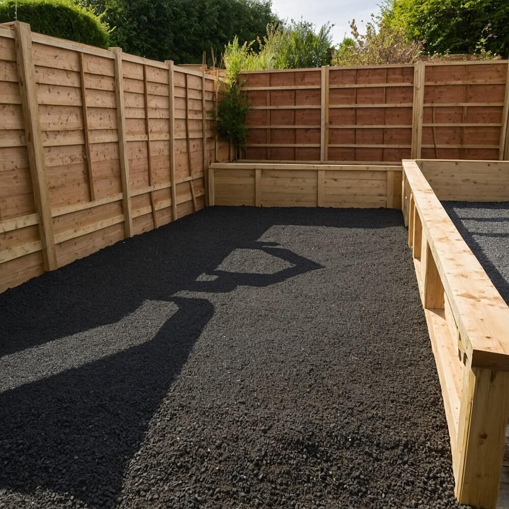 Garden patio and shed foundation under construction using recycled Type 1 sub-base for a stable and sustainable foundation.