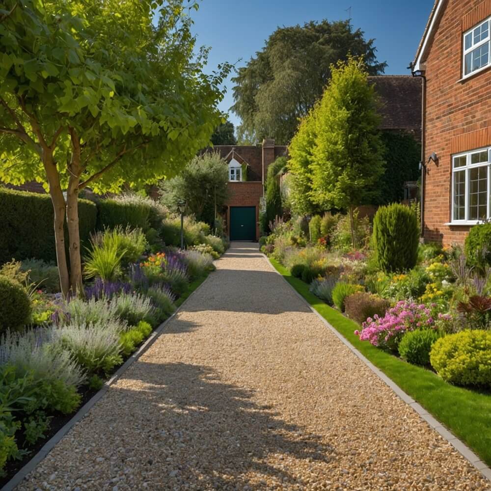 Residential driveway and pathway lined with clean gravel, surrounded by green garden beds and trees.