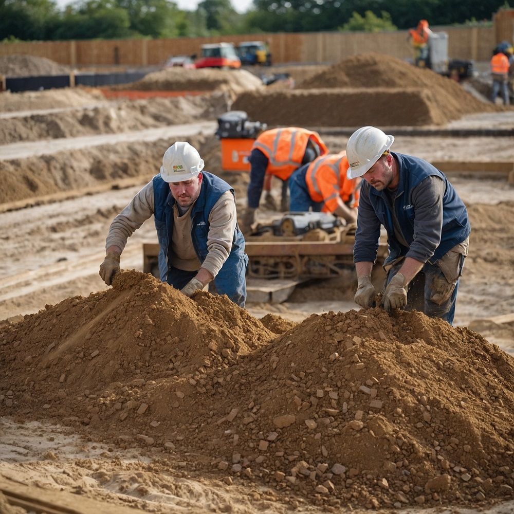 Construction workers handling soil and aggregates at a sustainable construction site.